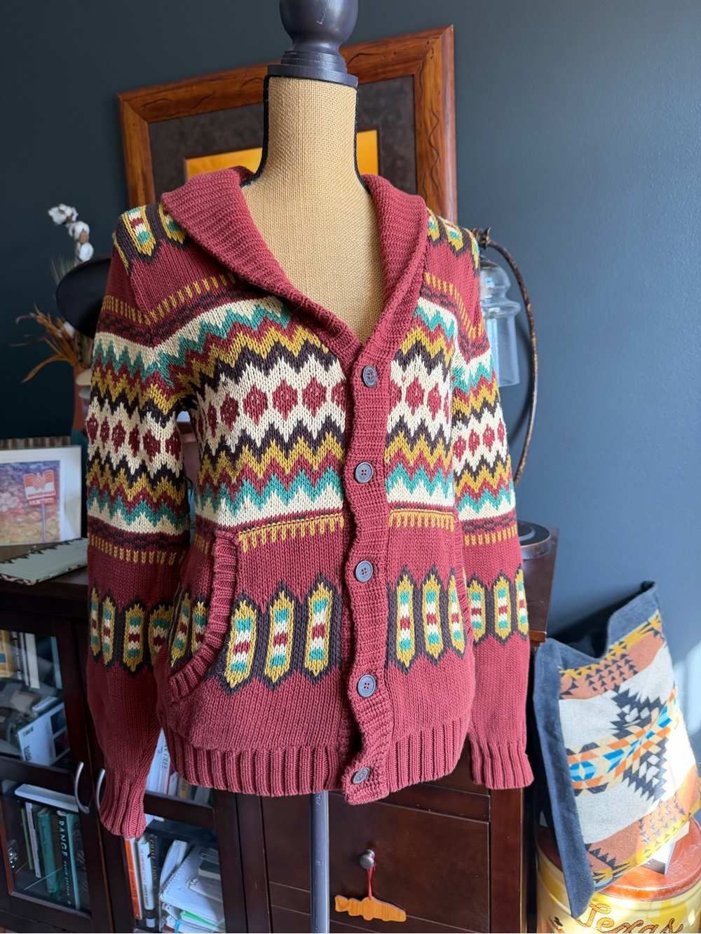 Rust Multicolor Fair Isle Shawl Collar Cardigan